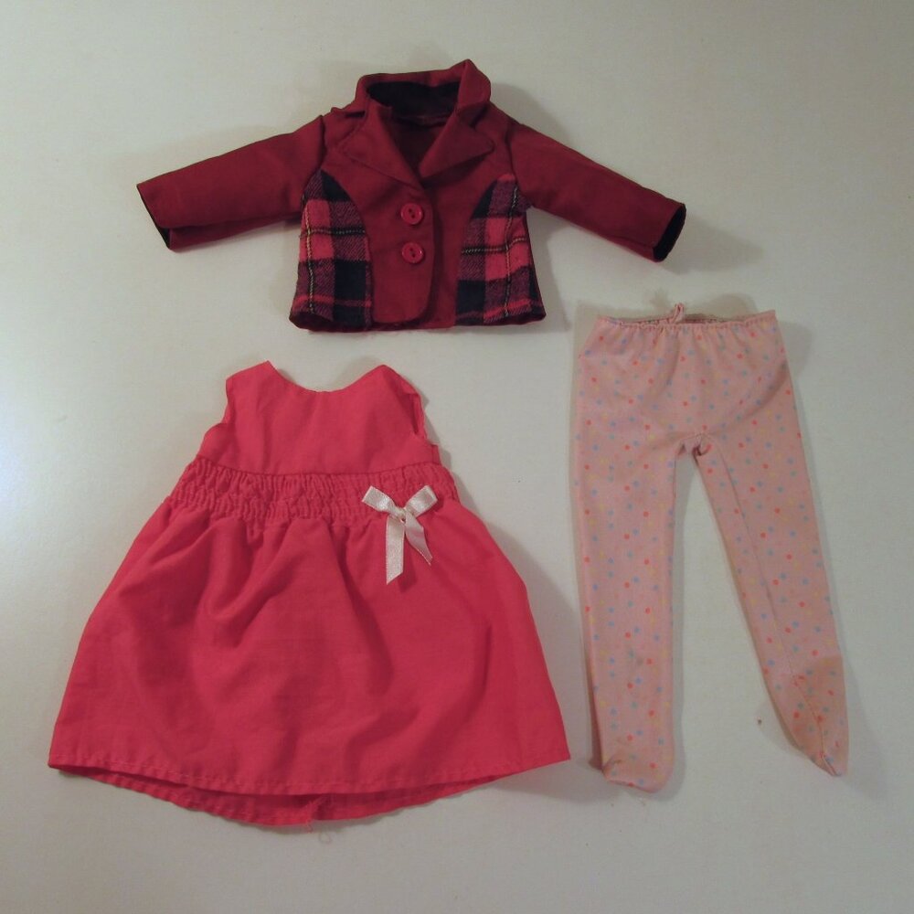 Our Generation Clothing, red riding jacket, pink dress and tights